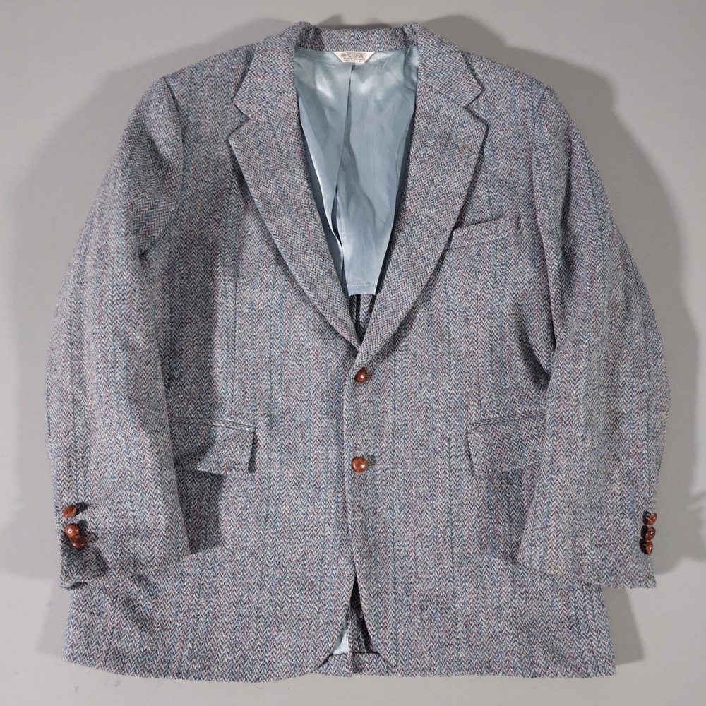 Harris Tweed Sport Coat Mens 44R Blue Grey Wool Herringbone Blazer Tailored USA